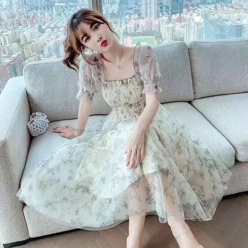 French High-grade Sweet Soft Style Mid-length Dress Women 2025 New Summer Floral Dress Fashionable Slim Printed Evening Dresses