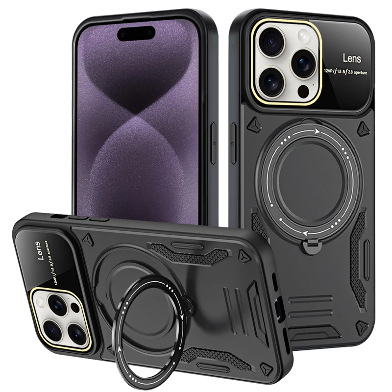 

For iPhone 16 Pro Max,16 Plus Case Magnetic Military Drop-proof PC+TPU Adjustable Ring Back Stand Cover for iPhone16 Pro