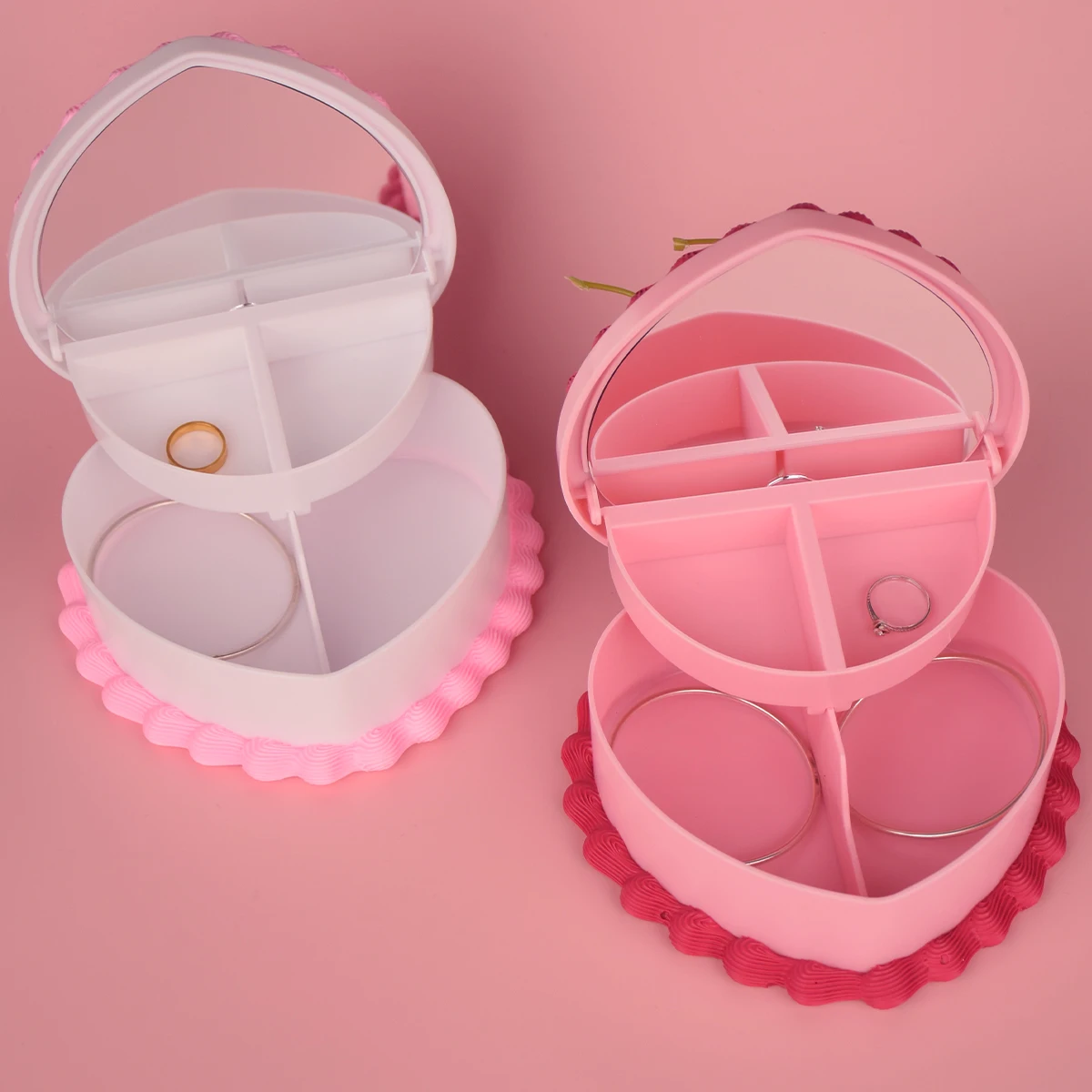 5.9Inches Vintage-Style Pink and White Heart-Shaped Cherry Fake Cake Jewelry Box with Mirror!   Simulation Strawberry Cake