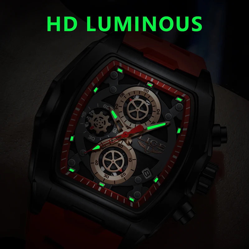 LIGE Fashion Chronograph Square Watch For Men Red Silicone Waterproof Men's Quartz Watches Business Casual Luminous Wristwatch