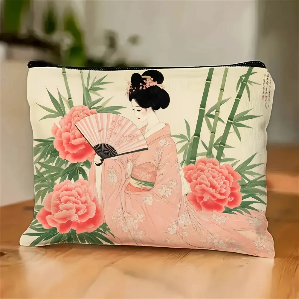 Gemusterte Make-up-Tasche im japanischen Stil – multifunktionale Reißverschlusstasche, Schmuck-Aufbewahrungstasche, perfekte kleine Reise-Aufbewahrungstasche mit Reißverschluss