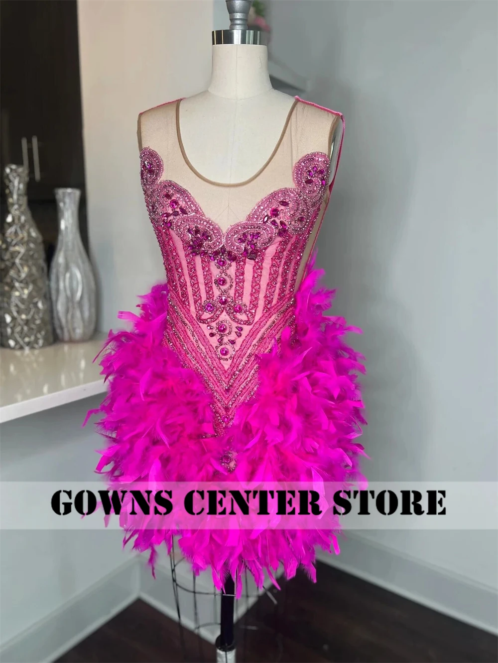 Robes de Rhcourtes de luxe pour filles, plume rose chaude, cristal perlé, robes de reine d'anniversaire, paillettes noires, princesse éducative de gala