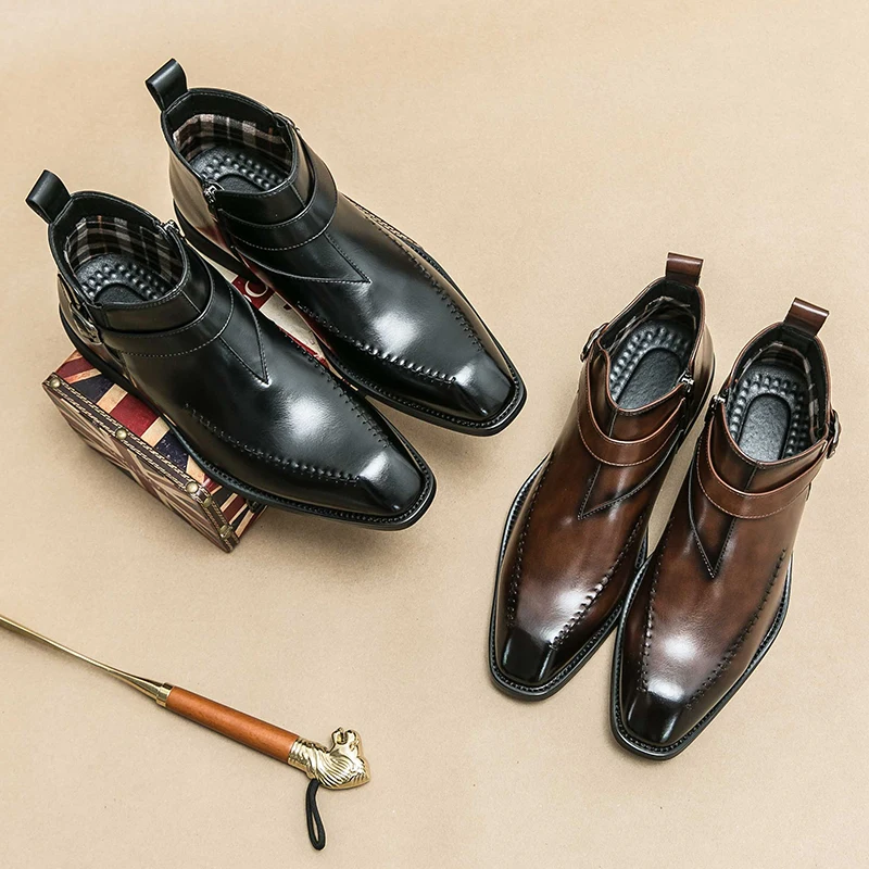 

2025 New Men's Retro Cowboy Boots Leather Shoes Chelsea Boots Pointed Toe Men Boots Zipper Male Ankle Boots Autumn Winter Shoes