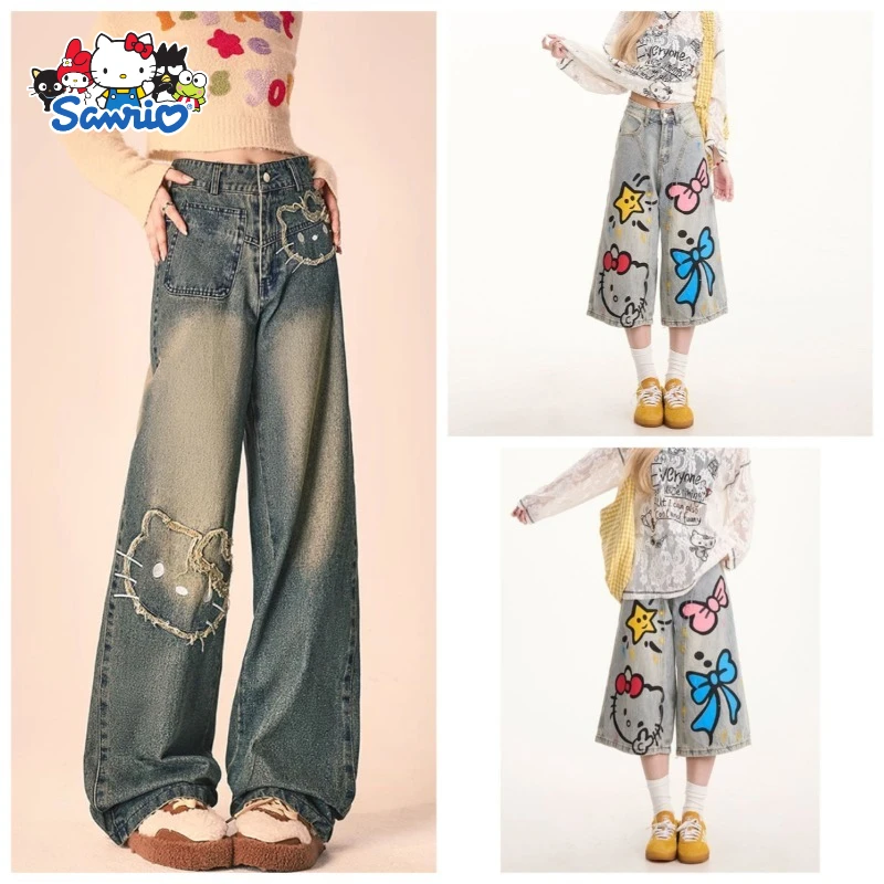 

Sanrio Hellokitty Summer New 2025 Cartoon Printing Cute Student Jeans Cropped Pants Versatile Loose and Thin Holiday Gifts