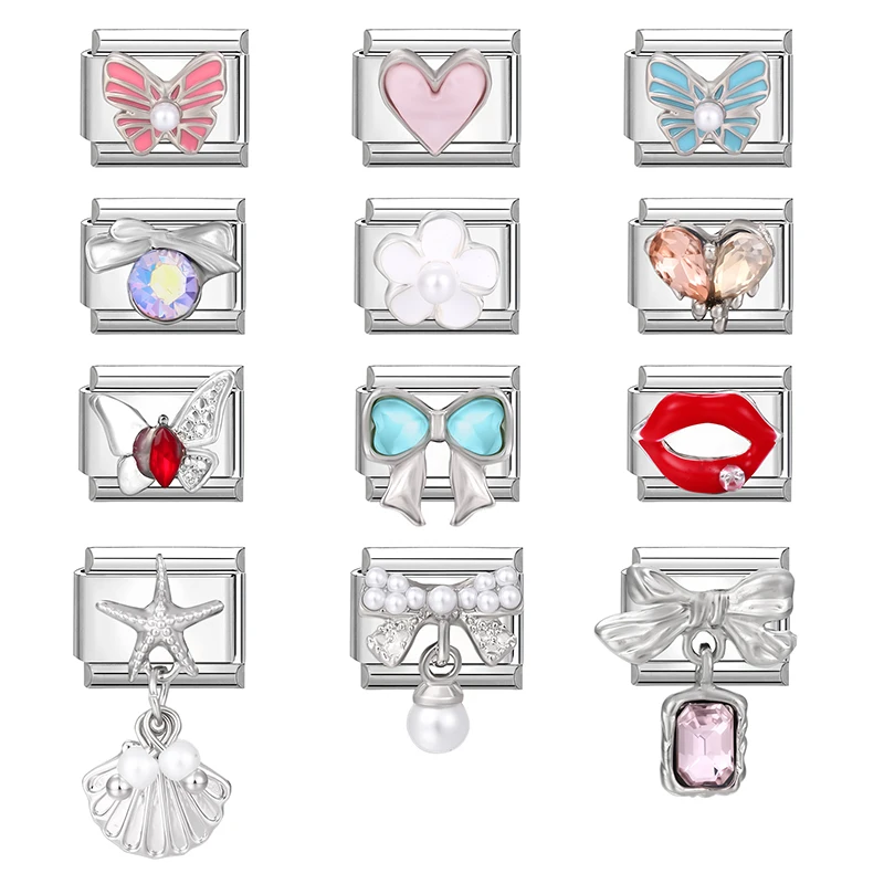 

Zircon Red Lip Pink Butterfly Bow Flowers Pendant Italian Charm Links Fit 9MM Bracelet Stainless Steel Women DIY Making Gifts