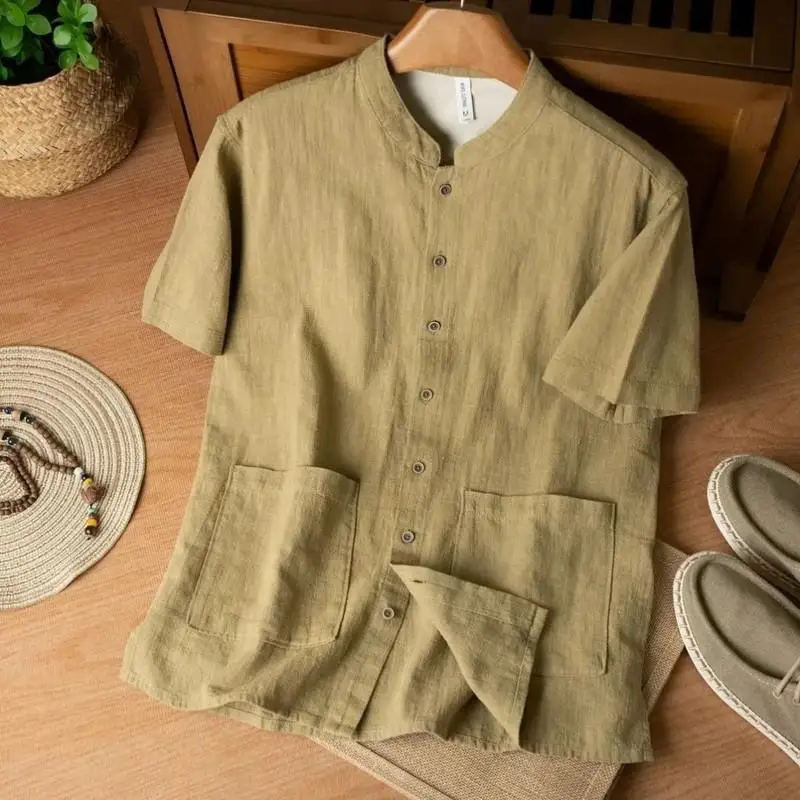 

Chinese Sle Stand Collar ort Sve Men's irt Loose Cotton Linen Breathable Summer Thin Faion Urban Cotton Linen Blend