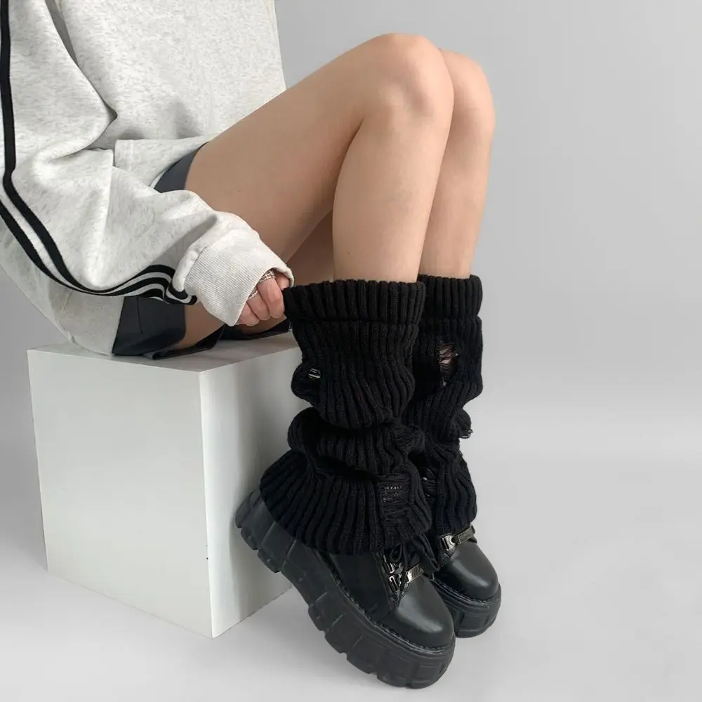 

Preppy Ripped Leg Warmers Women Pile Up Subculture Mid Tube Socks Stockings Warm Foot Cover Y2K Streetwear