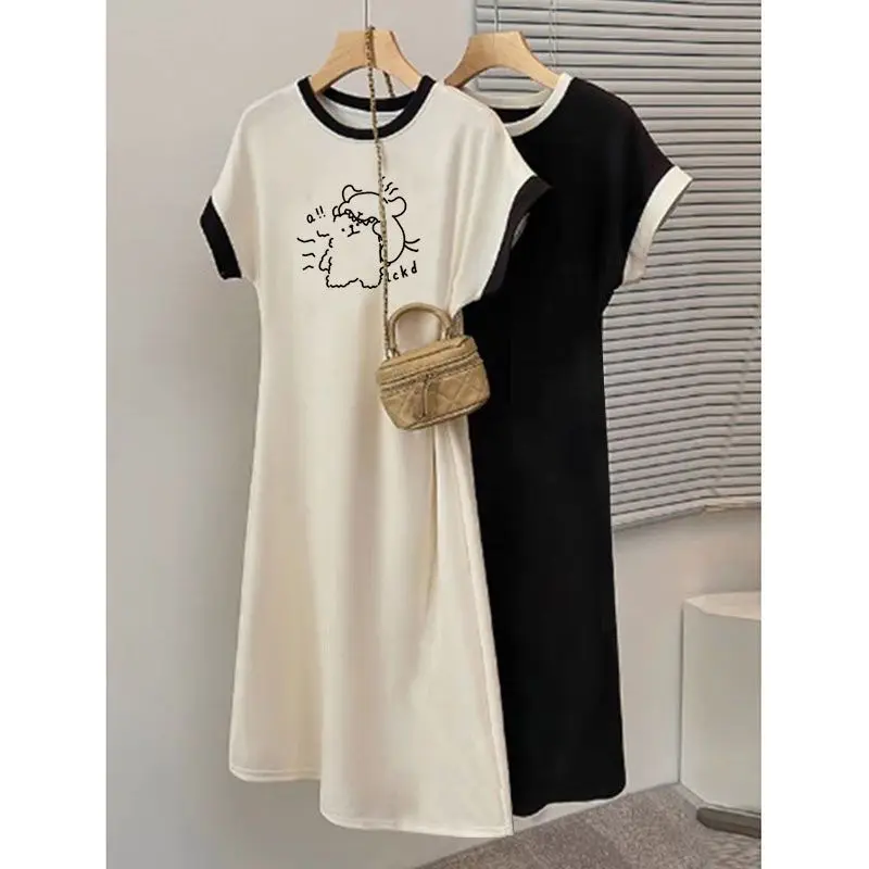 Short Sleeve Contrast Patchwork Print Street Casual T Shirt Dress Summer O-neck Loose Korean Dresses Fashion Trend Women Clothes