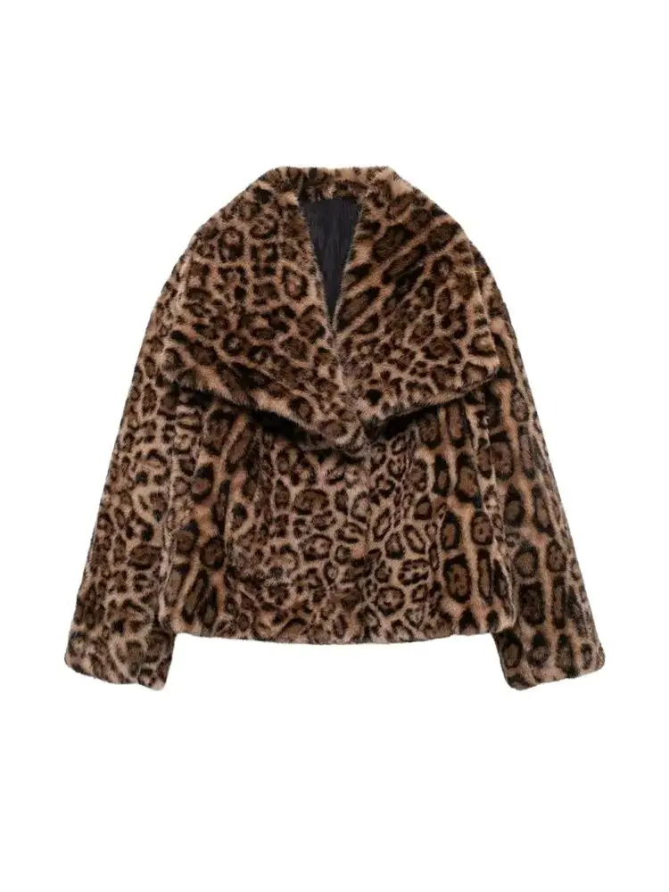 Chaqueta gruesa y cálida de piel sintética de leopardo para mujer, abrigo con cuello de solapa, ropa de abrigo femenina de manga larga, Tops elegantes, moda