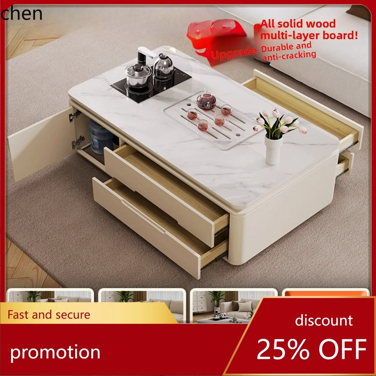 HT Cream Style Tea Table with Tea Brewing Integrated Living Room Home Kung Fu  Rock Board  High-end Tea Set