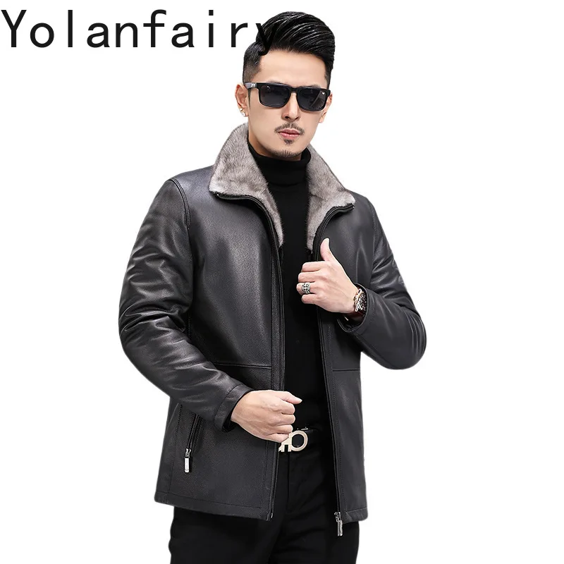 YOLANFAIRY Leather Jacket Genuine Goatskin Men's Clothing Casual Winter Mink Liner Coats Black Warm Jackets New Veste Homme