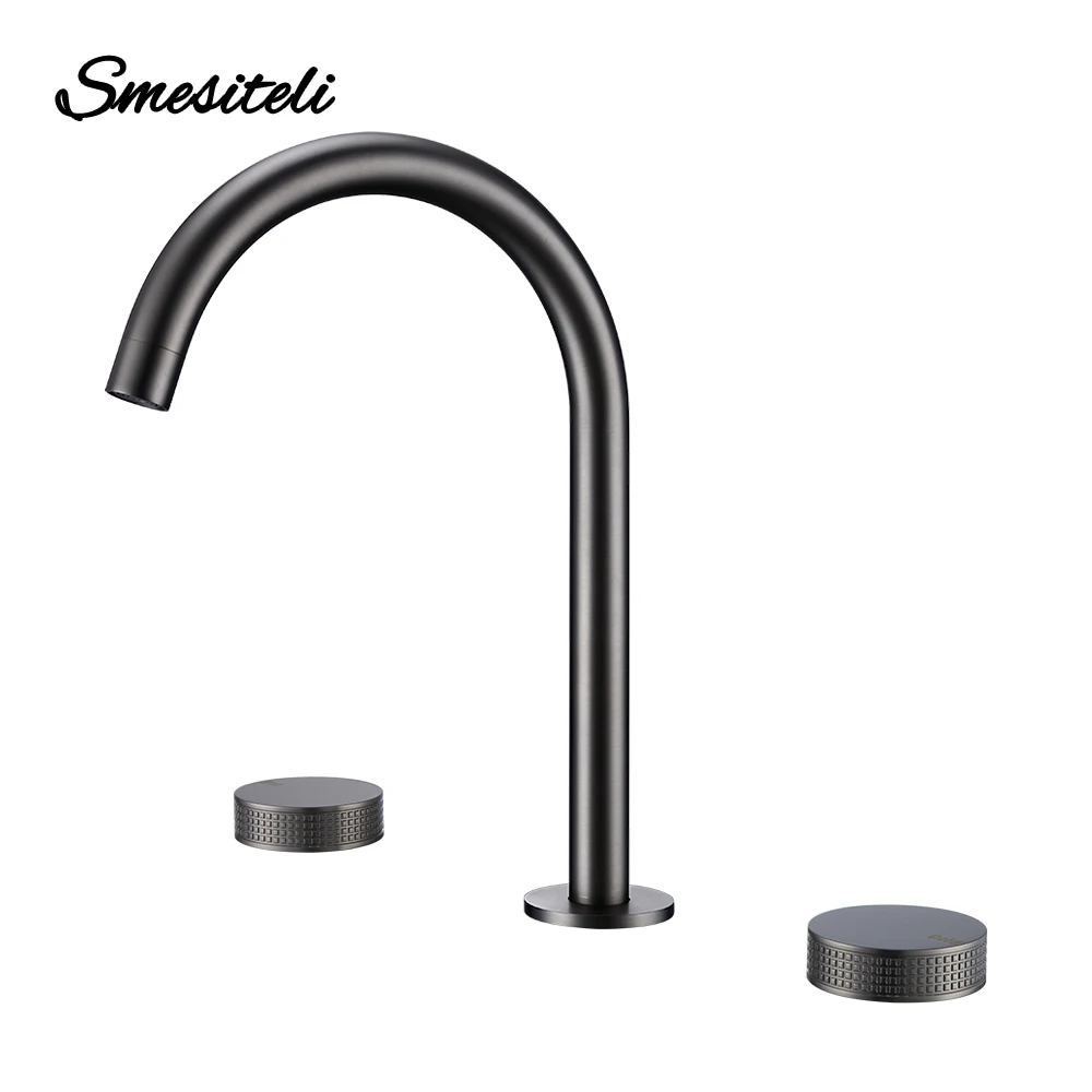 3 Pcs Gumetal Basin Faucet Hot And Cold Widespread Tap 360° Rotation Spout Double Knurled Knobs Deck Mounted Bathroom Mixer