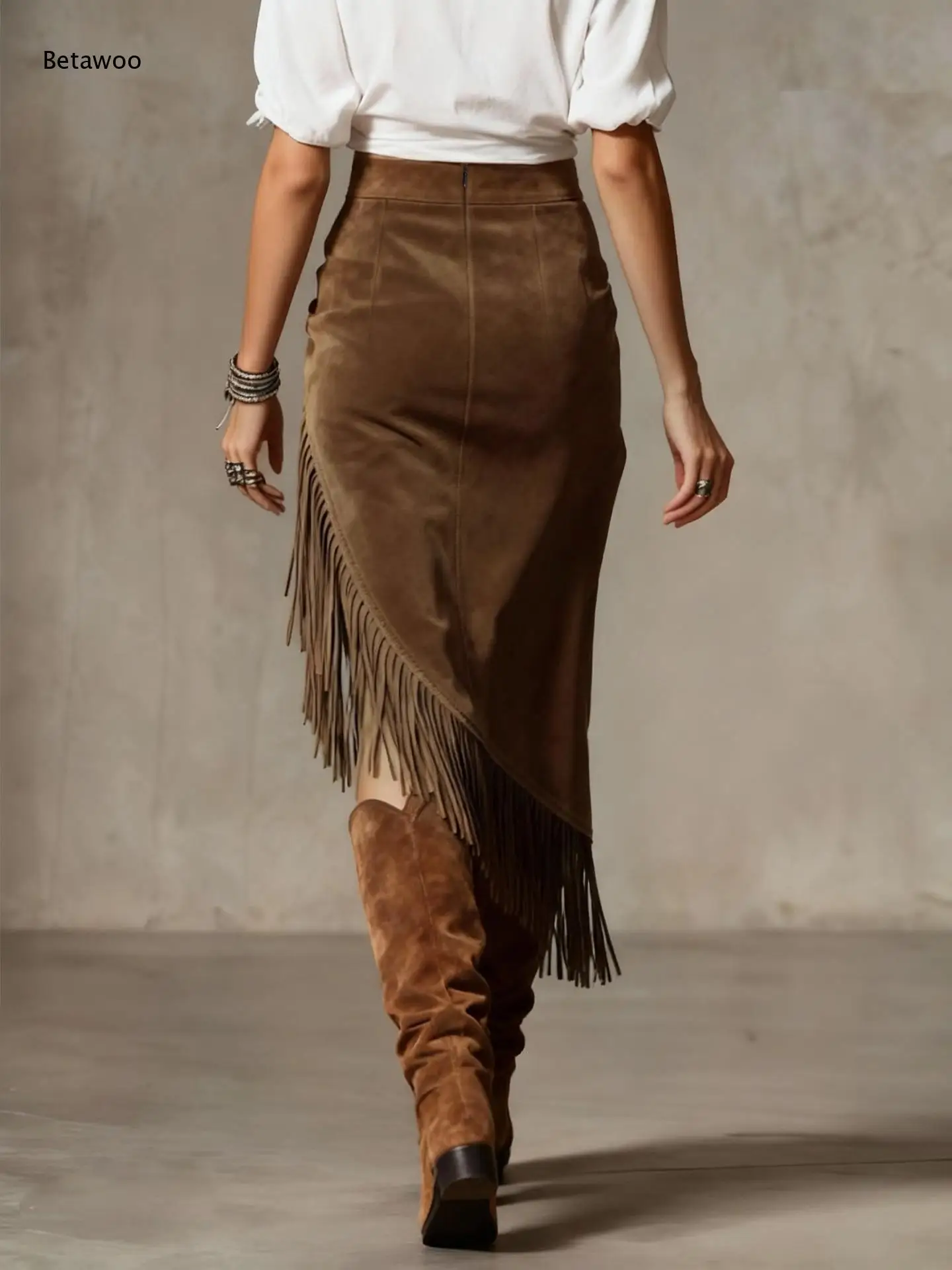 Retro Cowgirl Style Faux Suede Tassel Fringed Wrap Skirt Ladies High Waist Slant Cut Asymmetrical Hem Streetwear Skirt