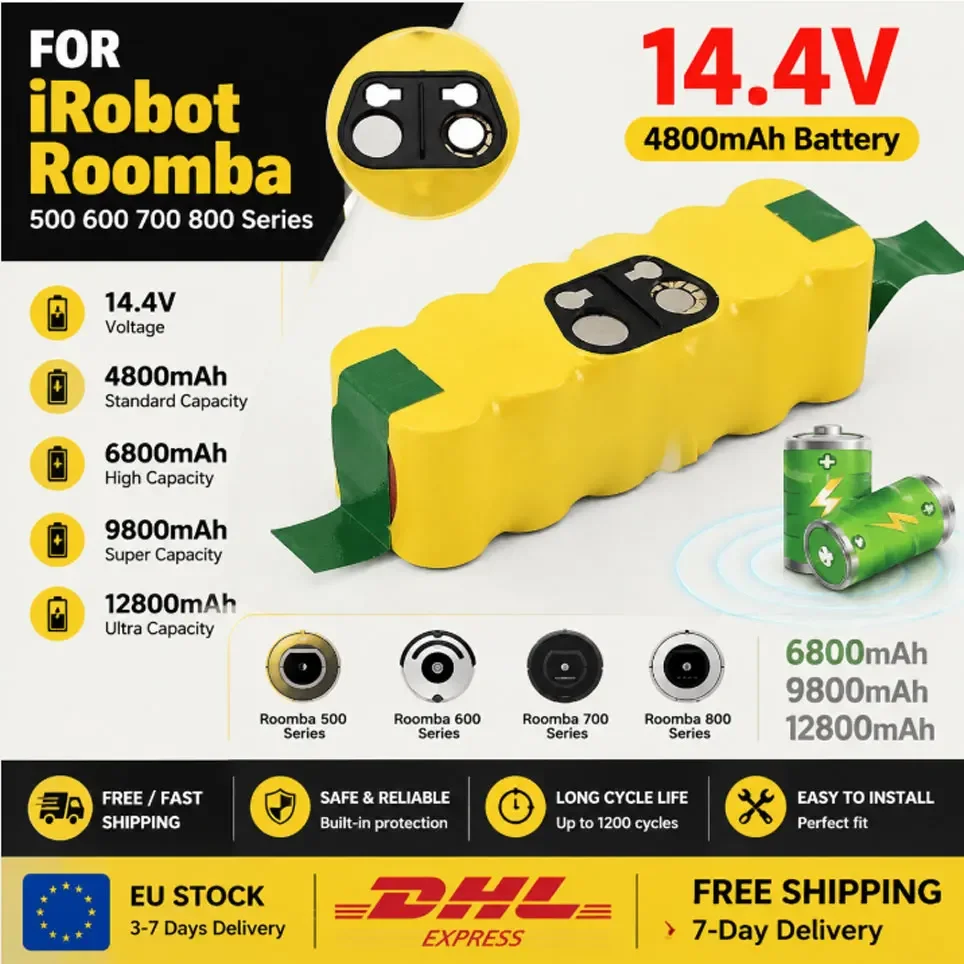 Batteria di ricambio NI-Mh 14,4V 12,8Ah 100% NUOVA per iRobot Roomba serie 500 600 700 800, Roomba 880 760 530 555 560 581 620 650