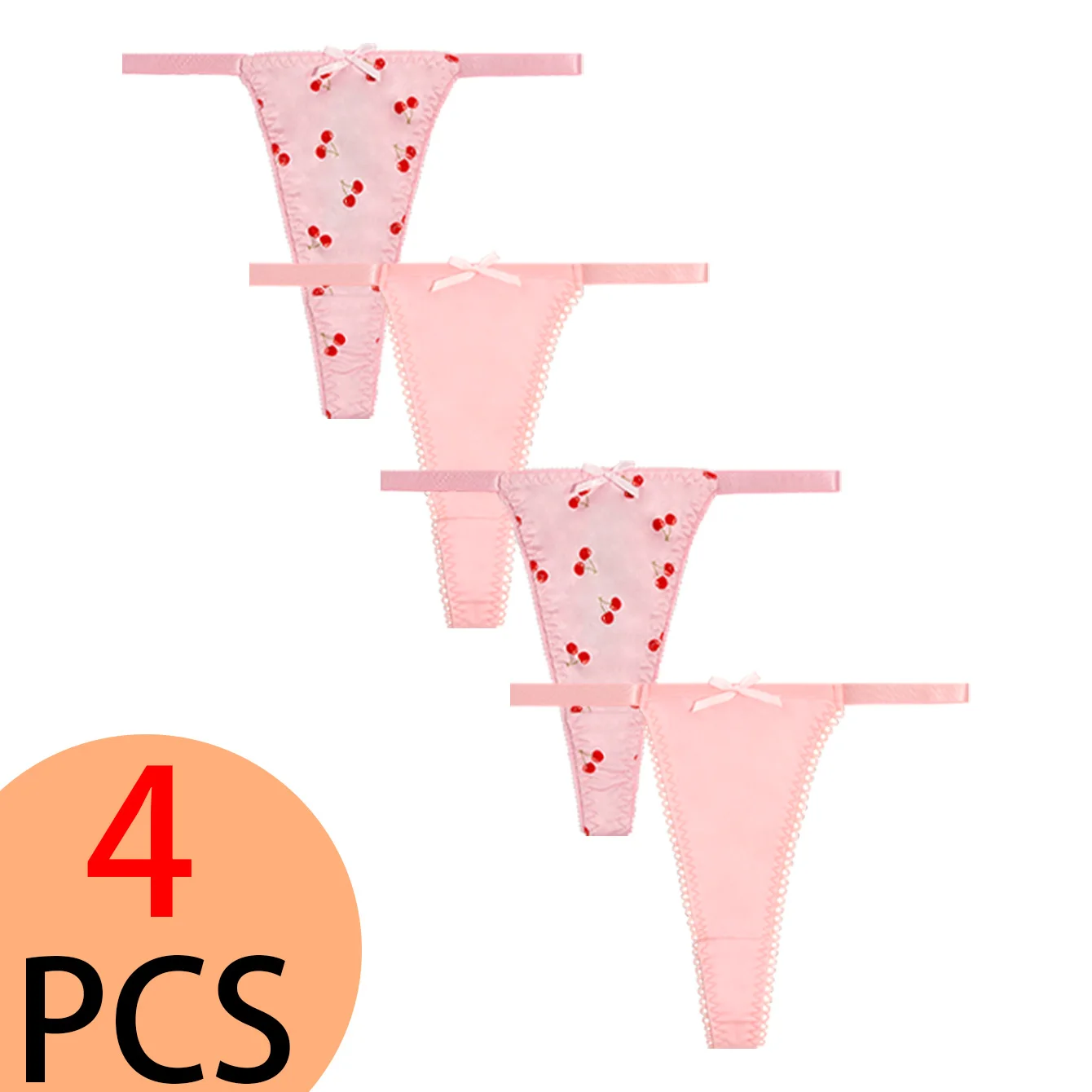4 pairs of high quality silky cherry print cute bow sexy simple women's Thong lace comfortable girls' underwear