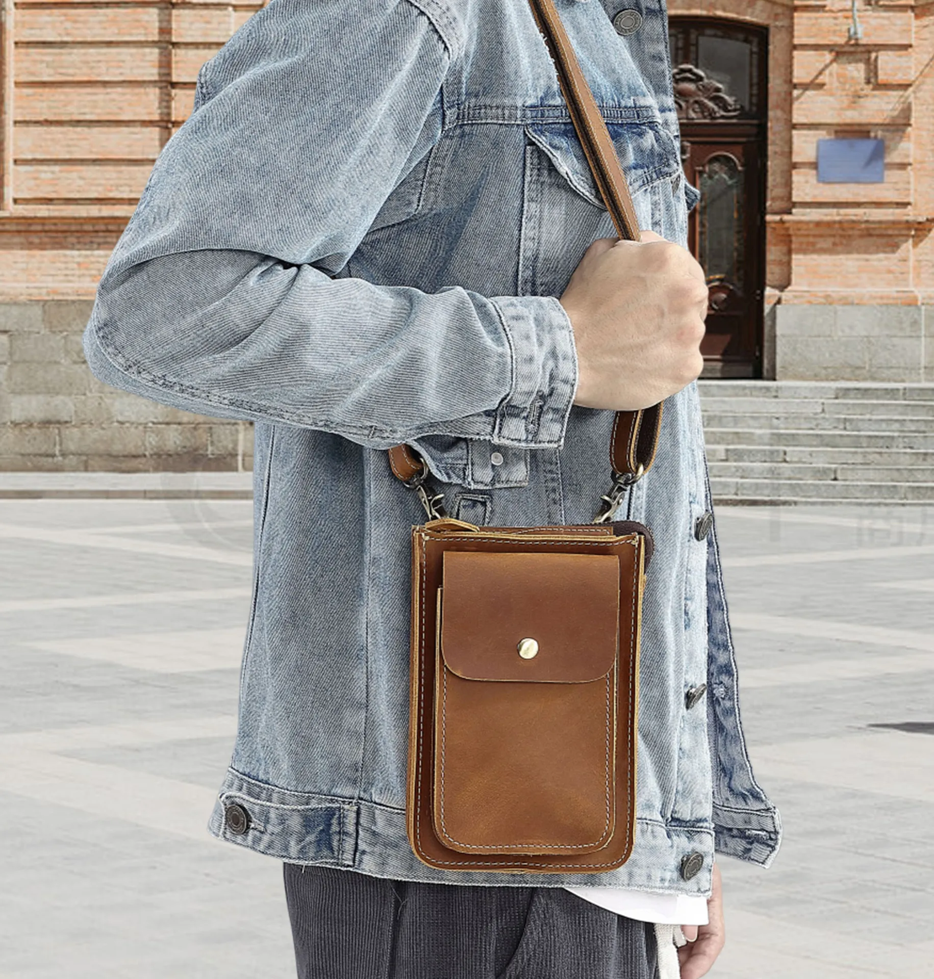 

GOYN Мужская маленькая сумка через плечо из натуральной кожи, винтажная сумка через плечо с петлей для ремня, компактная сумка для телефона для повседневного использования