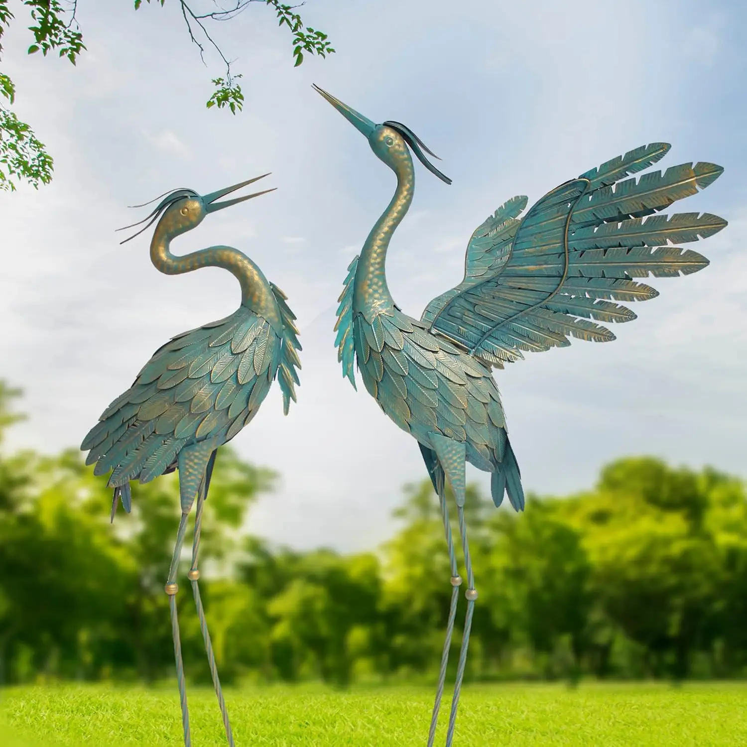 

Crane Statues Outdoor Metal Heron Garden Bird Yard Art Standing Sculptures Lawn Pond Decor 38-42 Inch Set of 2 Cyan