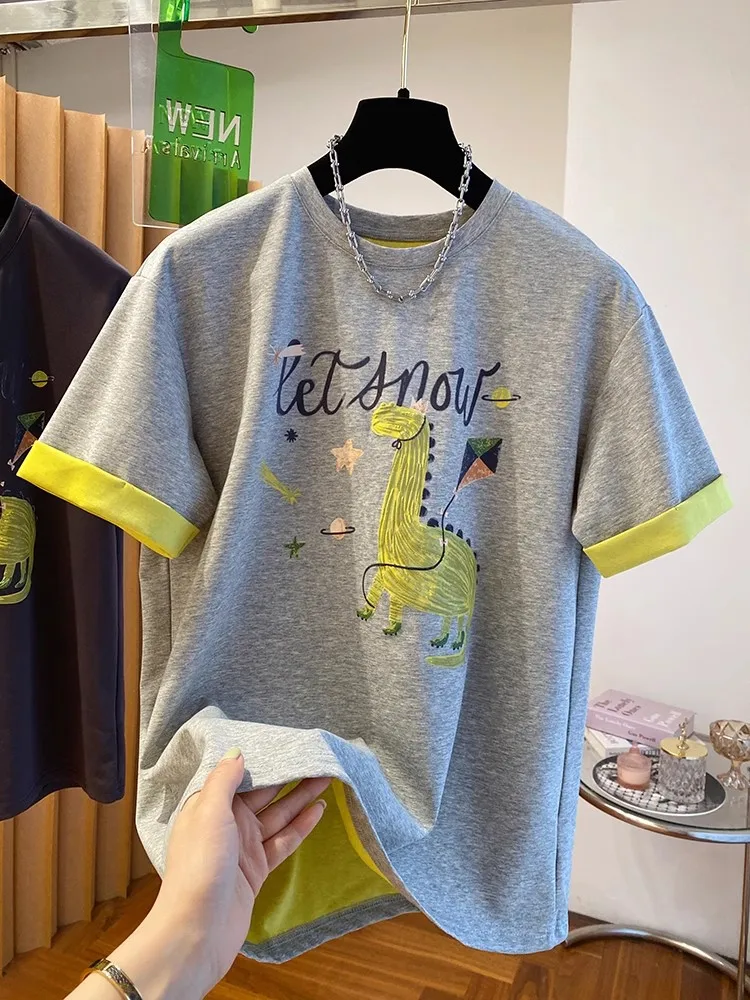 

Large Size 300 Pou een Print ort Sve Cotton T-irt Women's Loose Casual Summer Top Comfortable Breathable Tee