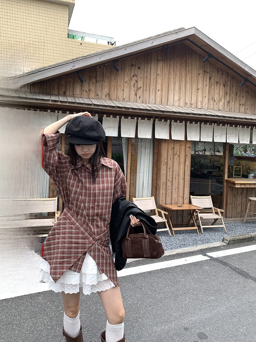 

Sinbounboun Vintage Plaid Collar Long Sve Women's irt Breathable Cotton Polyester Skin-friendly Girl's Faion