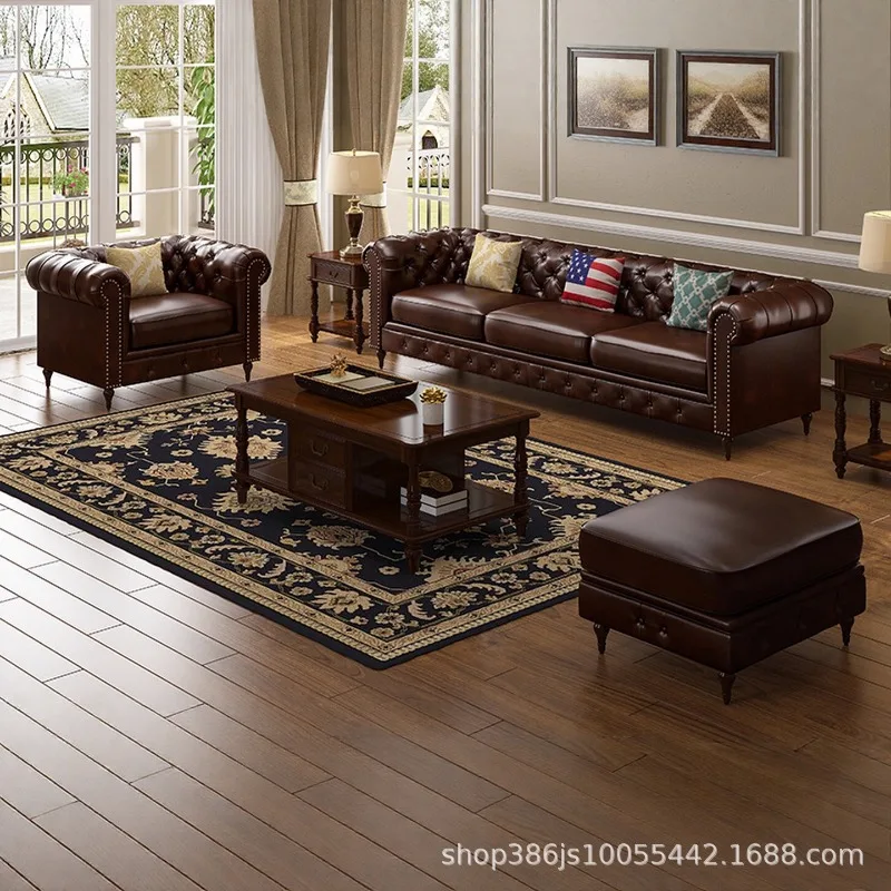 SA-20 American Oil Wax Leather Sofa Leather Living Room Straight Row Three or Four People Brown Sofa Retro Villa Furniture
