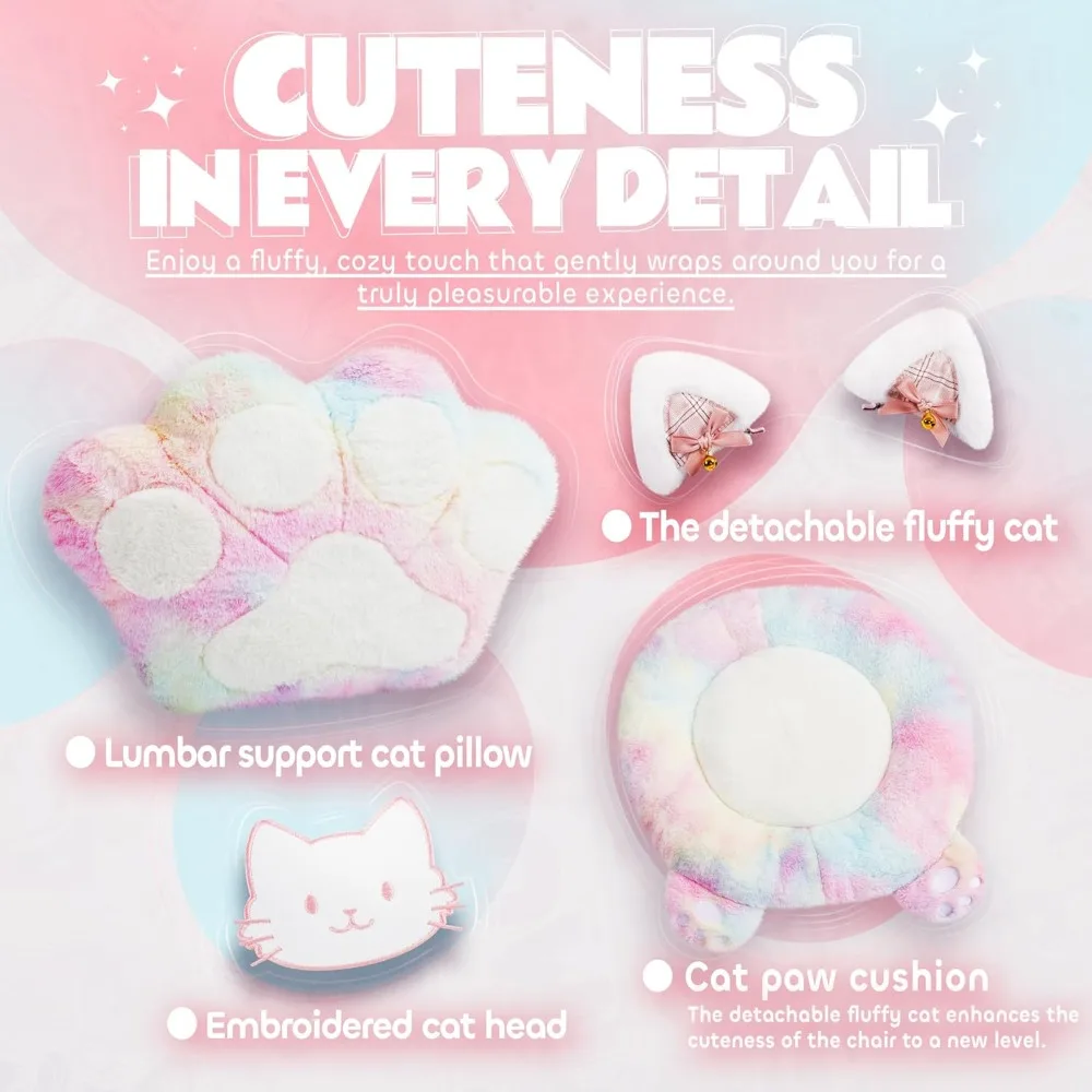 Игровое кресло, милое с кошачьими ушками, поясничная лапа и подушкой, эргономичное компьютерное кресло с подставкой для ног, откидное игровое кресло для ПК для девочек