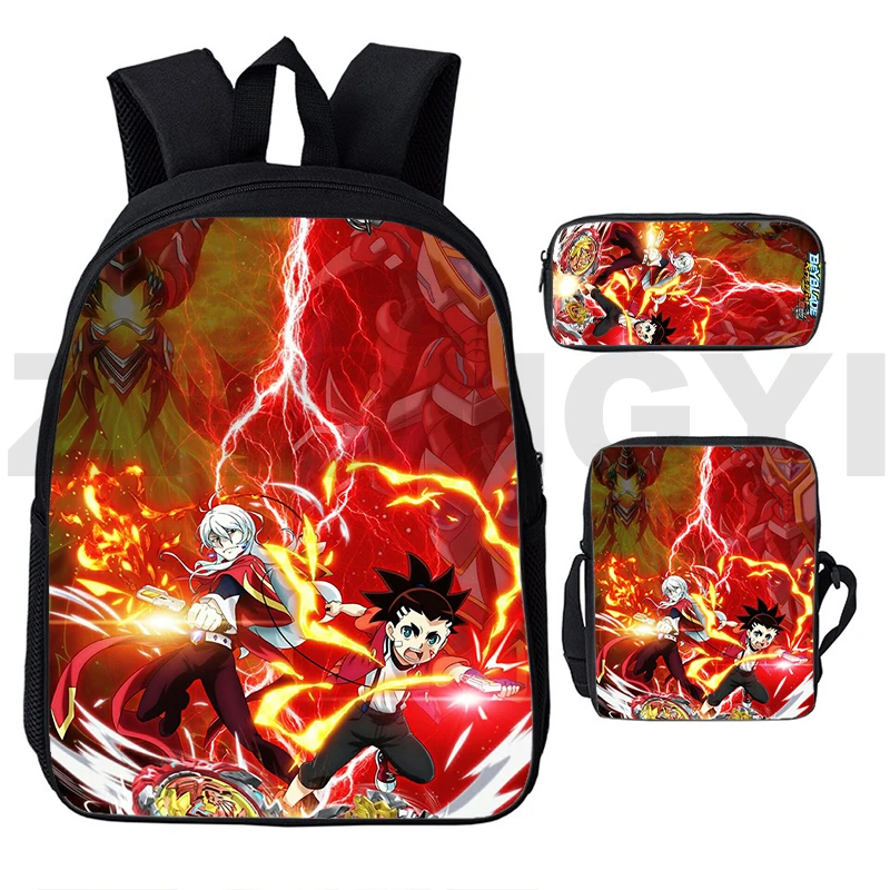 Baru 3D Beyblade Burst Anime ransel sekolah untuk anak laki-laki 3 In 1 tas tangan kanvas trendi tas buku kartun anak-anak tas Makeup perjalanan sehari-hari