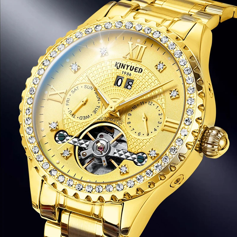 KINYUED الأعمال توربيون ساعة الرجال الذهب ساعات آلية أوتوماتيكية مقاوم للماء العلامة التجارية الأعلى مضيئة الرجال ساعة جديدة Reloj Hombre #4