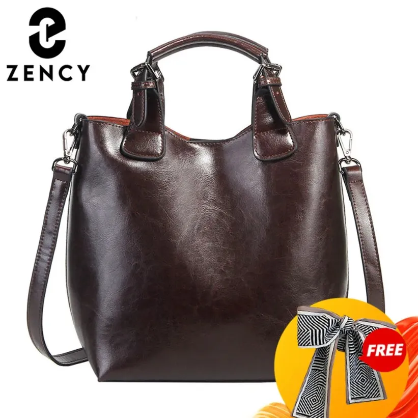 Zency 100% Genuine Leather Handbag Retro Coffee Women Casual Tote Bucket Bag Classic Black Lady Crossbody Messenger Purse