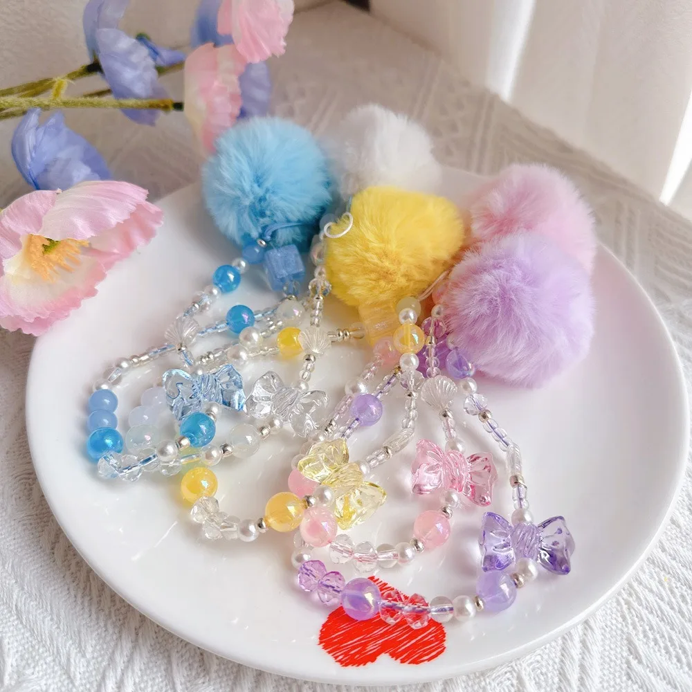 Hair Ball Beaded Phone Straps Kawaii Hanging Cord Bead Chain Cellphone Pendant Wrist Strap Ins Mobile Phone Chain Girls Women