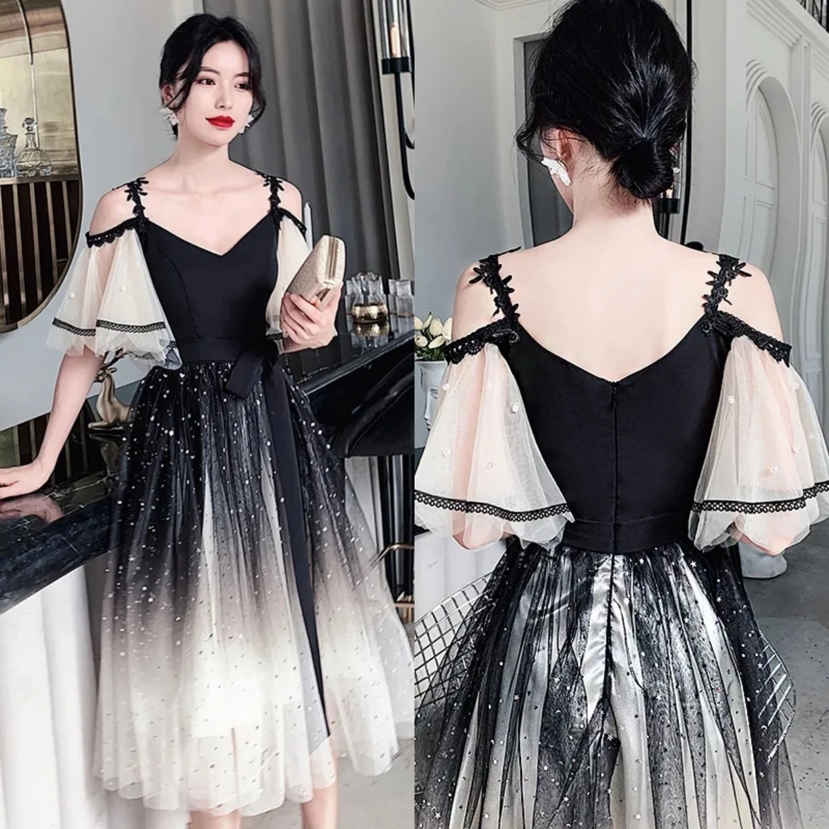 

Black Prom Gown New Spaghetti Strap Black tulle Off the shoulder Lace up A-line Tea-length Plus size Women Party Formal Dresses