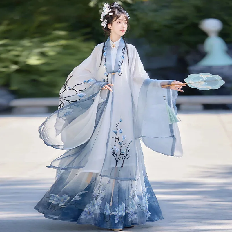 قميص نسائي طويل من سلالة مينغ هانفو مطرز ماغنوليا بياقة واقفة للربيع والصيف والخريف نمط خرافي يومي