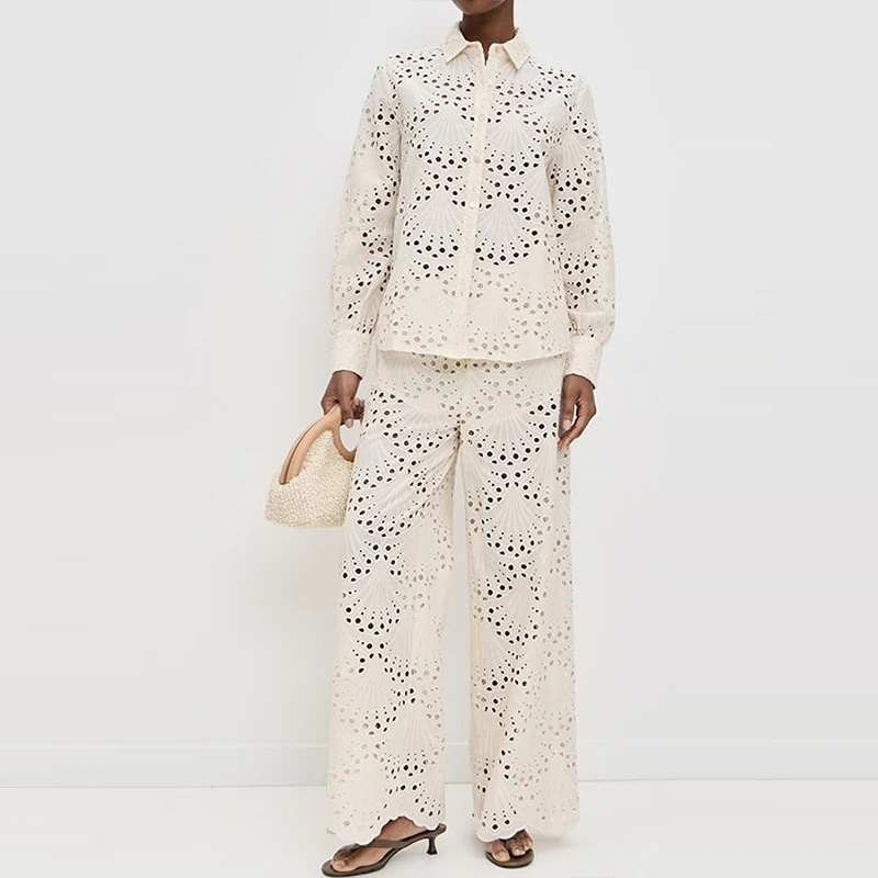 Traje de oficina holgado con bordado a la moda, camisa informal de manga larga y pantalón largo, conjuntos de 2 piezas con botones de solapa elegantes para mujer