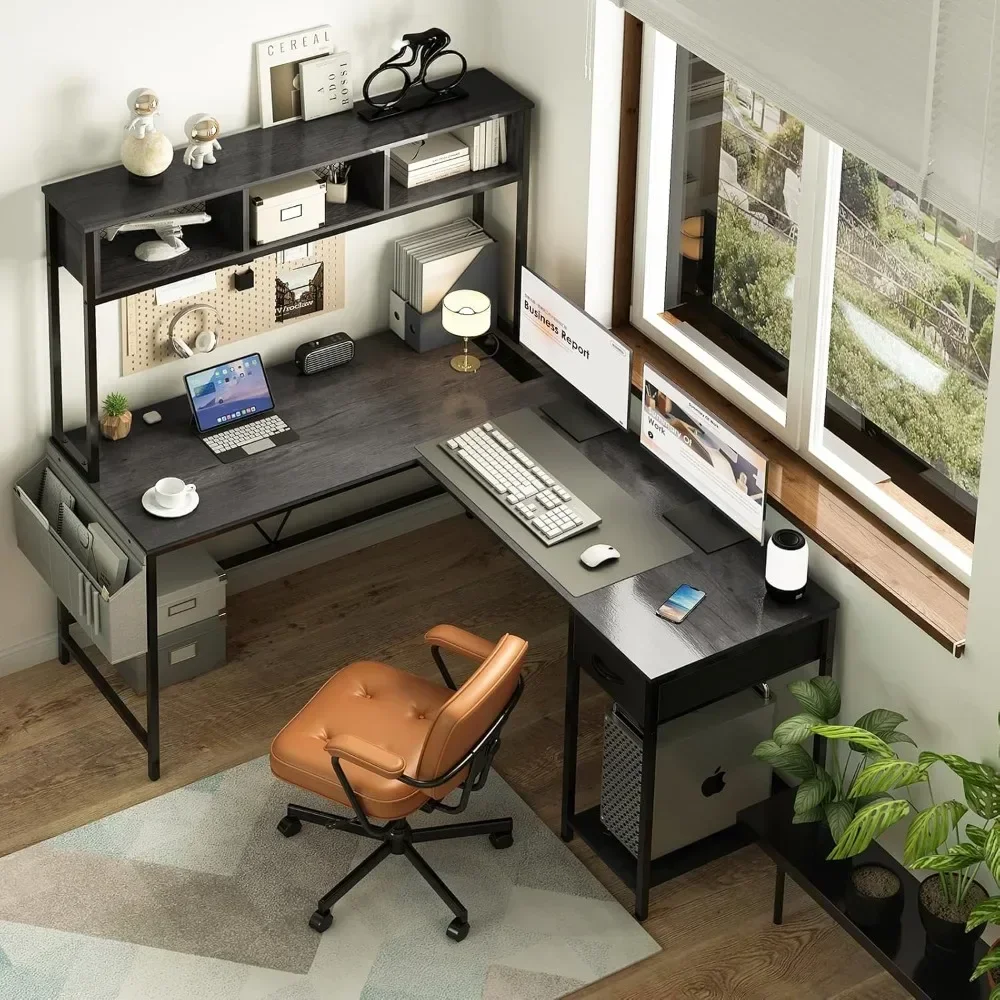 L-Shaped Gaming Desk with Reversible Computer Desk， LED Strip & Power Outlet with Storage Shelf & Drawer for Home Office or Gami