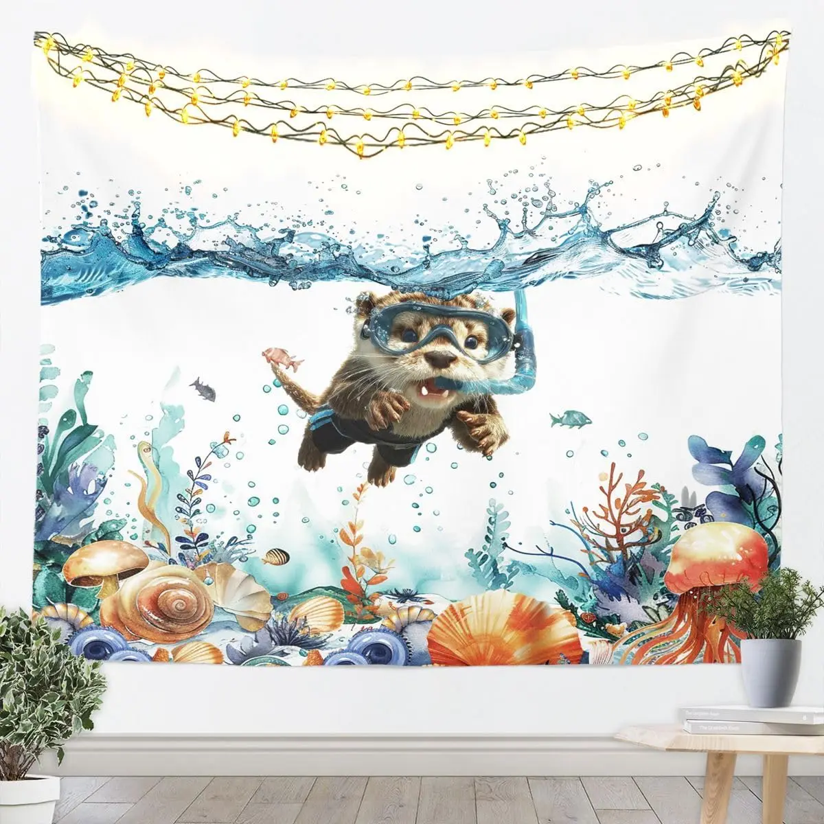 Underwater Dog Tapestry, Watercolor Style Puppy Snorkeling with Corals and Jellyfish Wall Art for Whimsical and Nautical Room