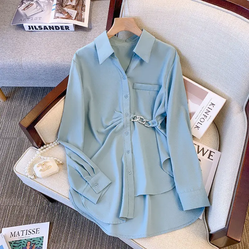 

Stylish Long Sleeve Folds Spliced Blouse Spring Autumn Korean Loose Women's Clothing Casual Asymmetrical Single-breasted Shirt