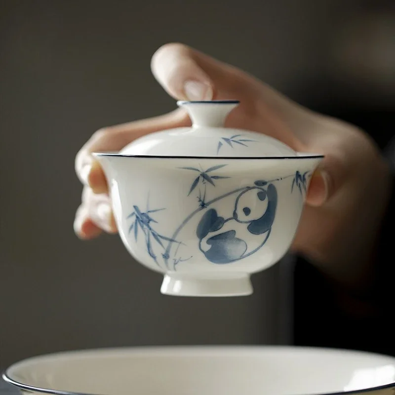 White Porcelain Hand-painted Blue and White Panda Playing with Bamboo Gaiwan Kung Fu Tea Set Ceramic Household Tea Bowl