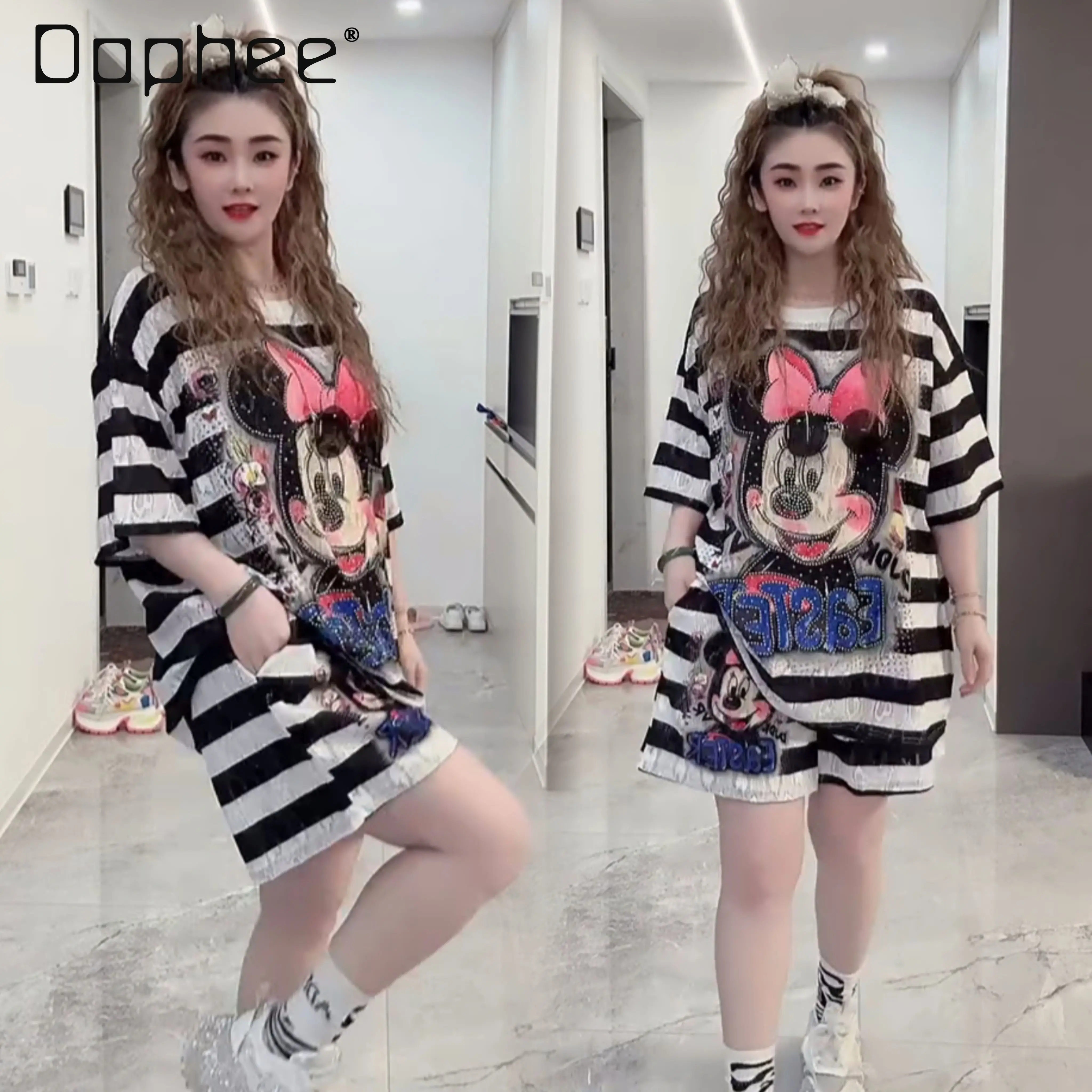 

European Style Shorts Set 2025 Summer New Striped Rhinestone Cartoon Print Short Sleeve T-shirt Women Loose Korean Version Top