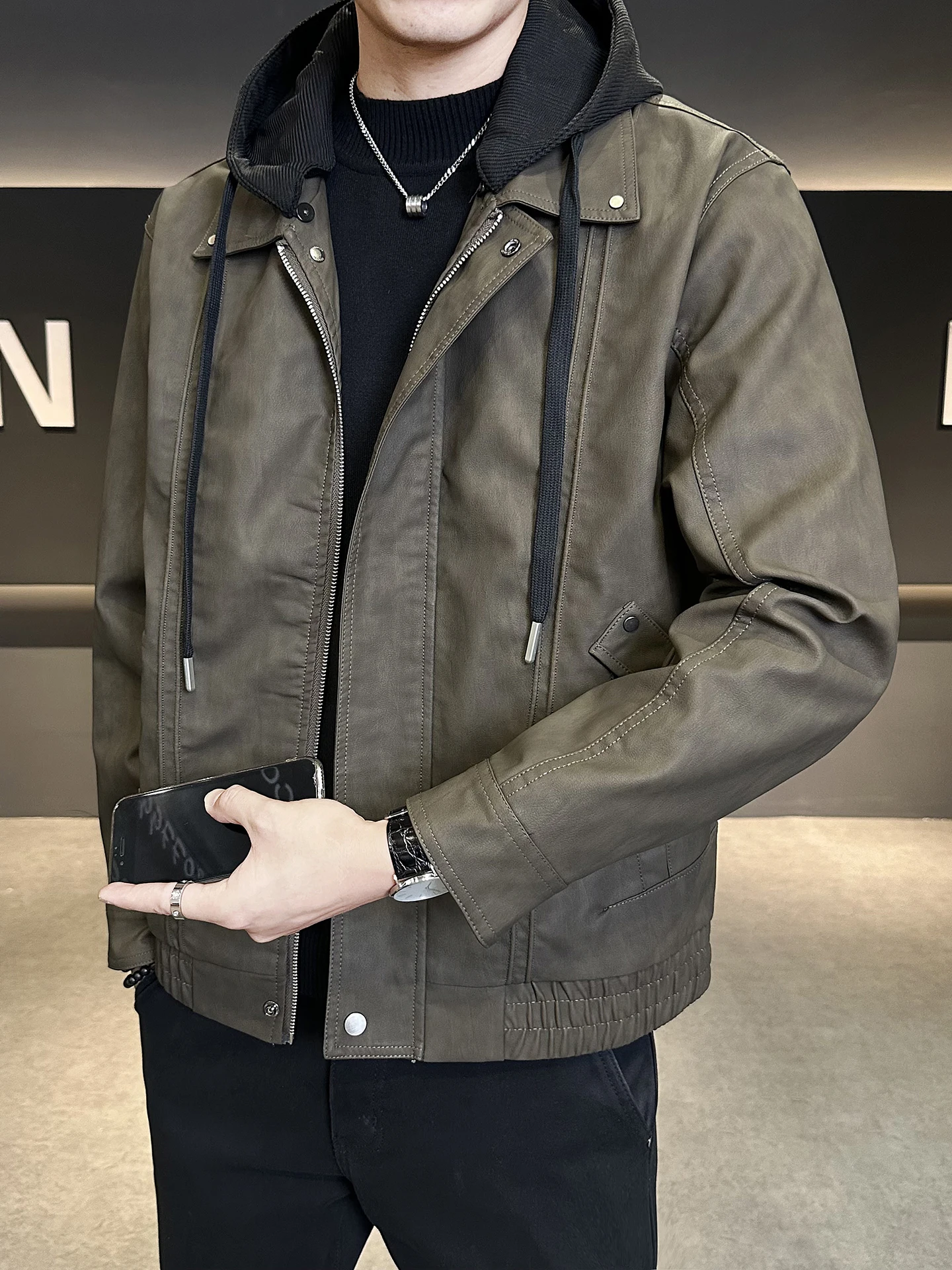 

Fall Faionable Men's Leather Jaet Hooded Casual Sli Coat Youthful Vitali Sle Long Sve Zipper Closure Color