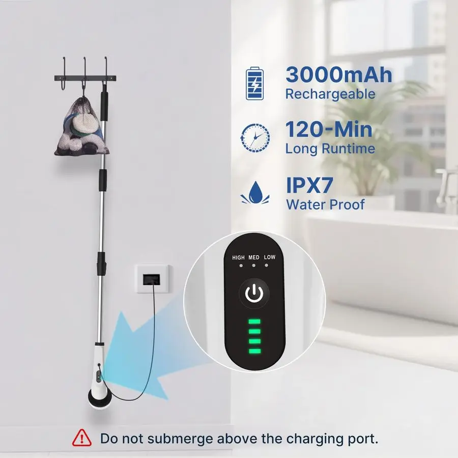 in 1 Lavapavimenti elettrico a rotazione per pulire il bagno, pulitore a batteria con potenza 3000mAh con manico lungo, vasca da bagno a 3 velocità Ho