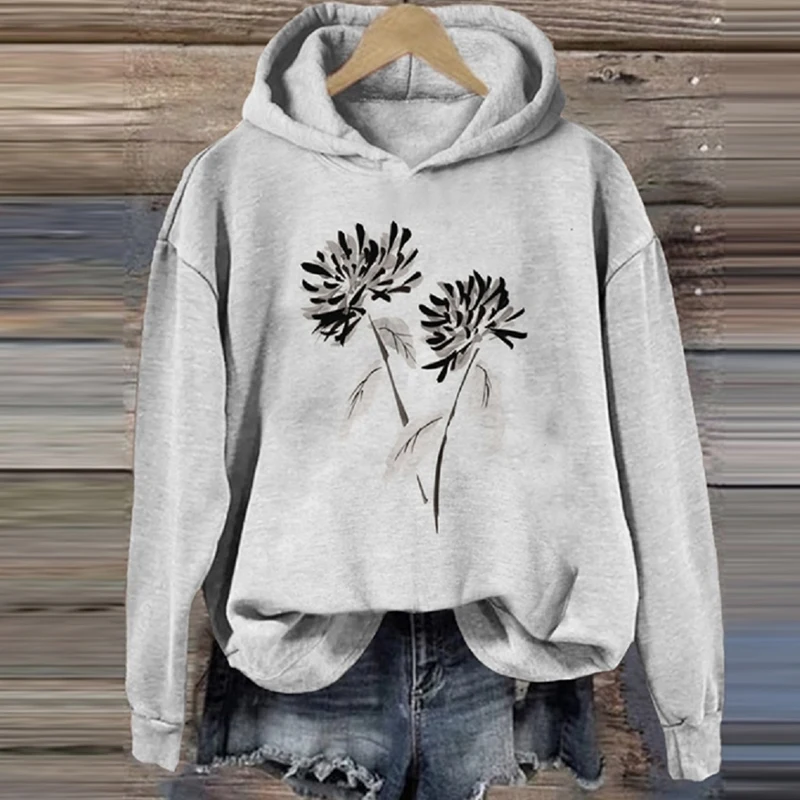 Autumn Winter Female O Neck Sweatshirt Women Long Sleeve Print Plum Blossom Lino Art Cozy Hoodies Lady Casual Loose Pullover Top