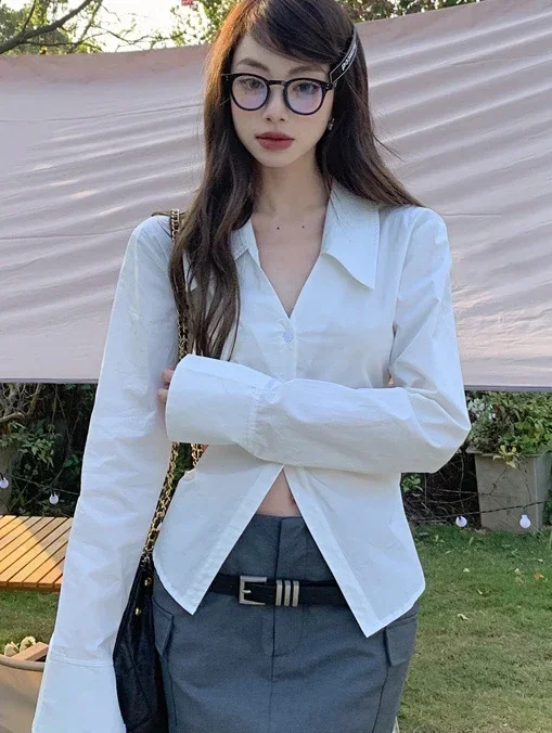 

Y2K Women Slim Shirts Office Lady Elegant Turn Down Collar Long Sleeve Classic Button Tops Stylish All Match Chic