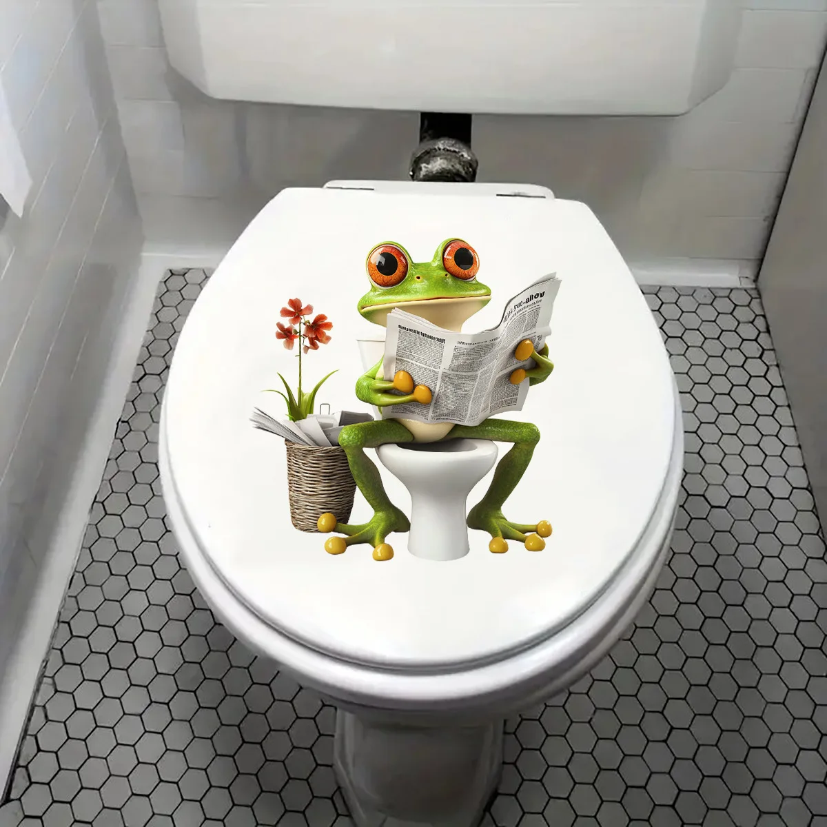 Creative Little Frog Reading Newspaper Bathroom Toilet Waterproof Toilet Seat Home Decoration Decal Sticker