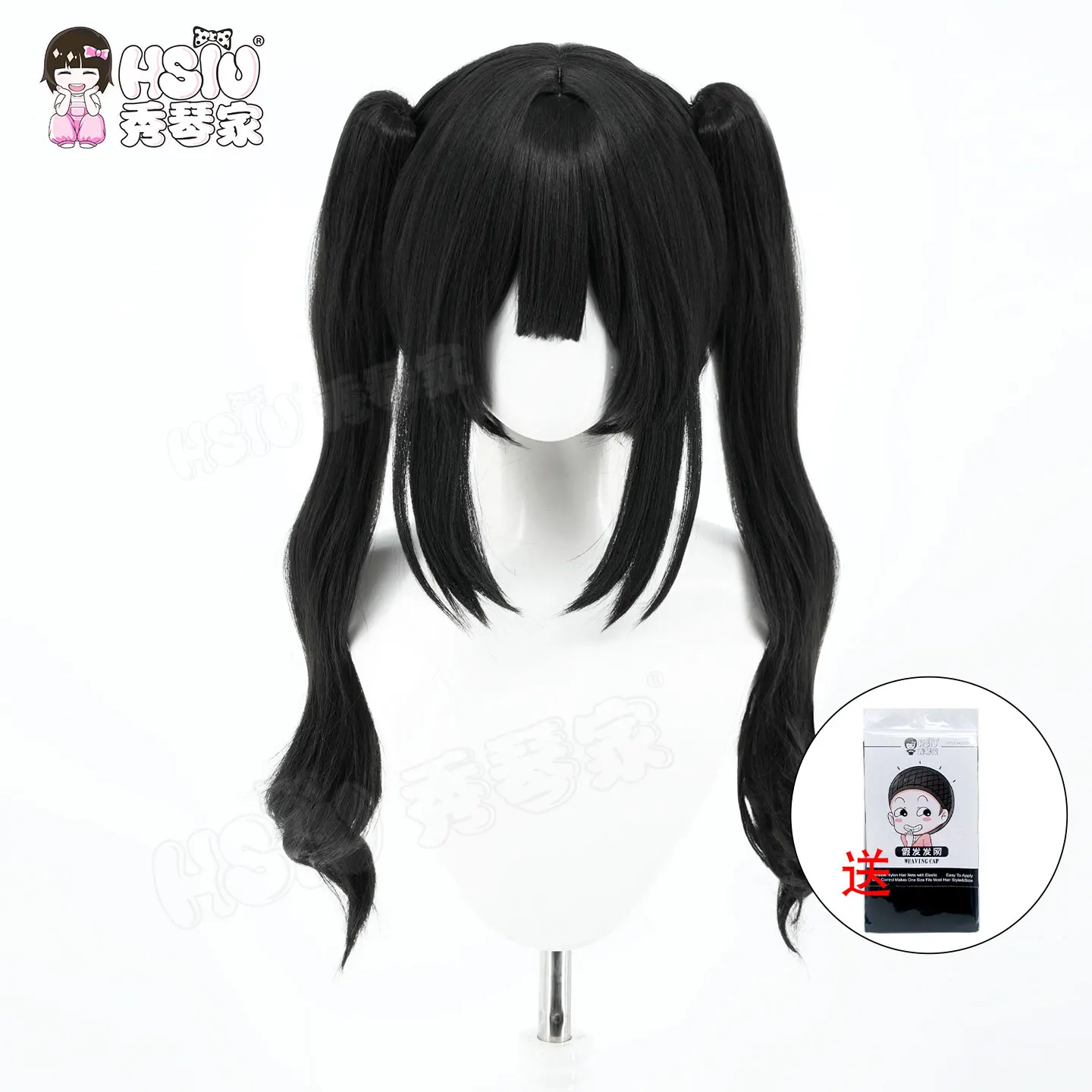 쿠로베 나노카 코스프레 가발 HSIU 60CM 검은색 긴 머리 내열성 가발 + 가발 모자 게임 마법 소녀 마녀 재판 코스프레 가발