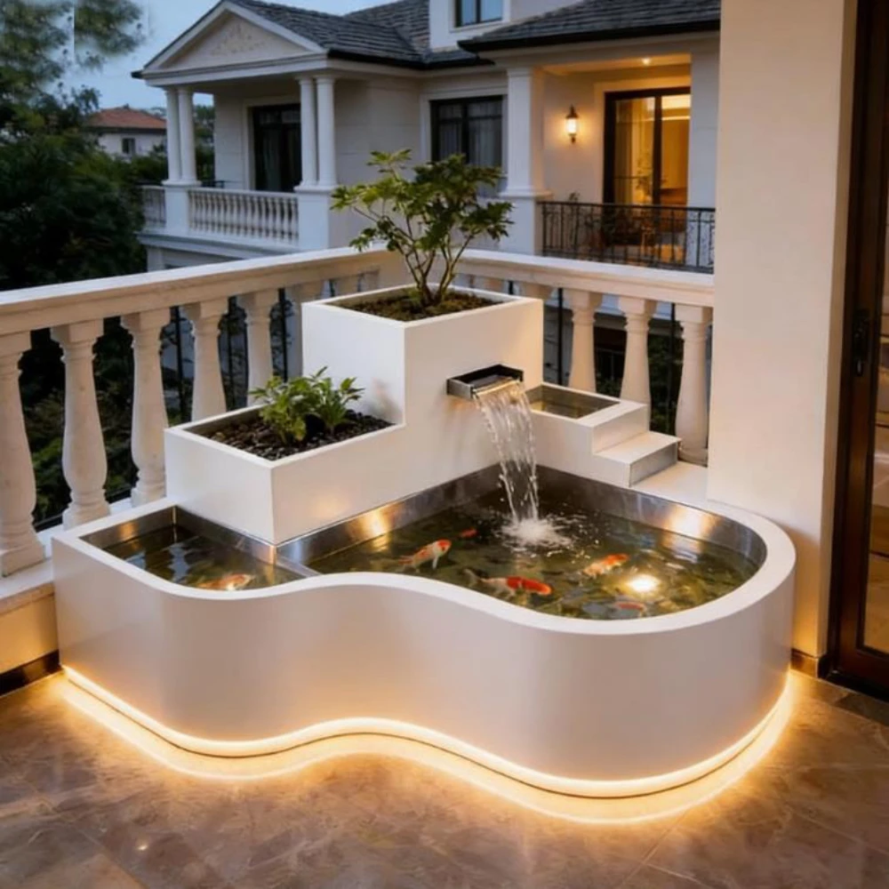 Luxury Small Stainless Steel Water Feature for Balcony - Modern White Koi Pond with Flower Pot & Light, Outdoor Garden Decor
