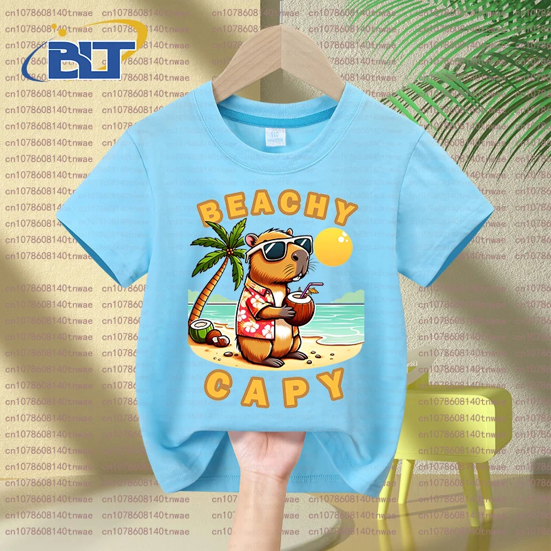 Capybara Beach print kids summer T-shirt set children's cotton short-sleeved shorts 2-piece set for boys and girls