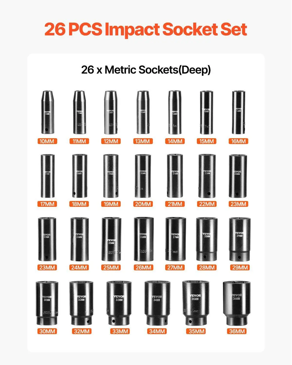 6-Point 1/2in Deep Impact Socket Set 26pc Cr-V 10mm-36mm with Rugged Storage Cage