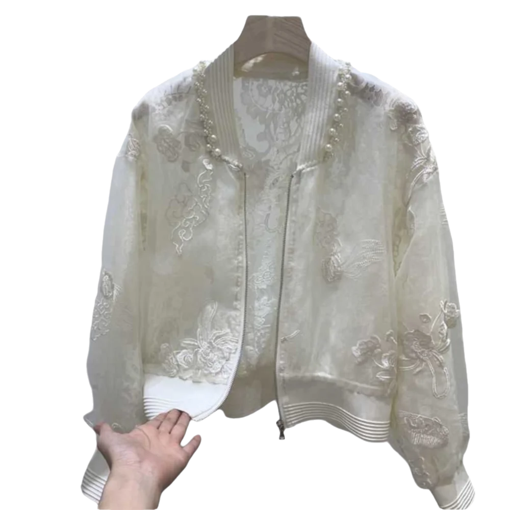 Chinese Style Beading Embroidered Sunscreen Jacket Long Sleeve Casual Baseball Outwear Round Neck Zipper Coat Tops for Women