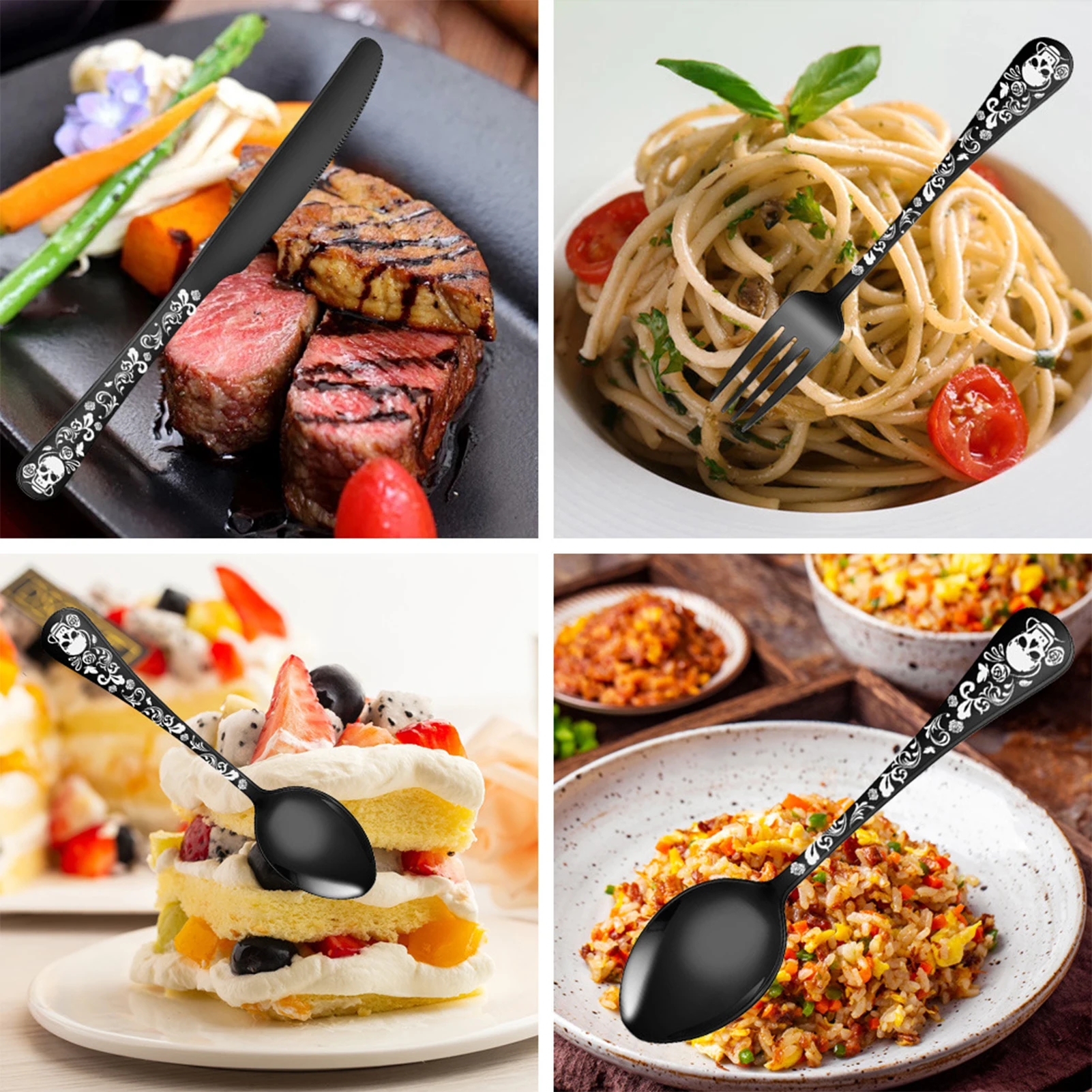 5pcs Cutlery Set Tableware Stainless Steel Gothic Spoon Fork Knife Halloween Skull Pattern Dinnerware Western Flatware Set