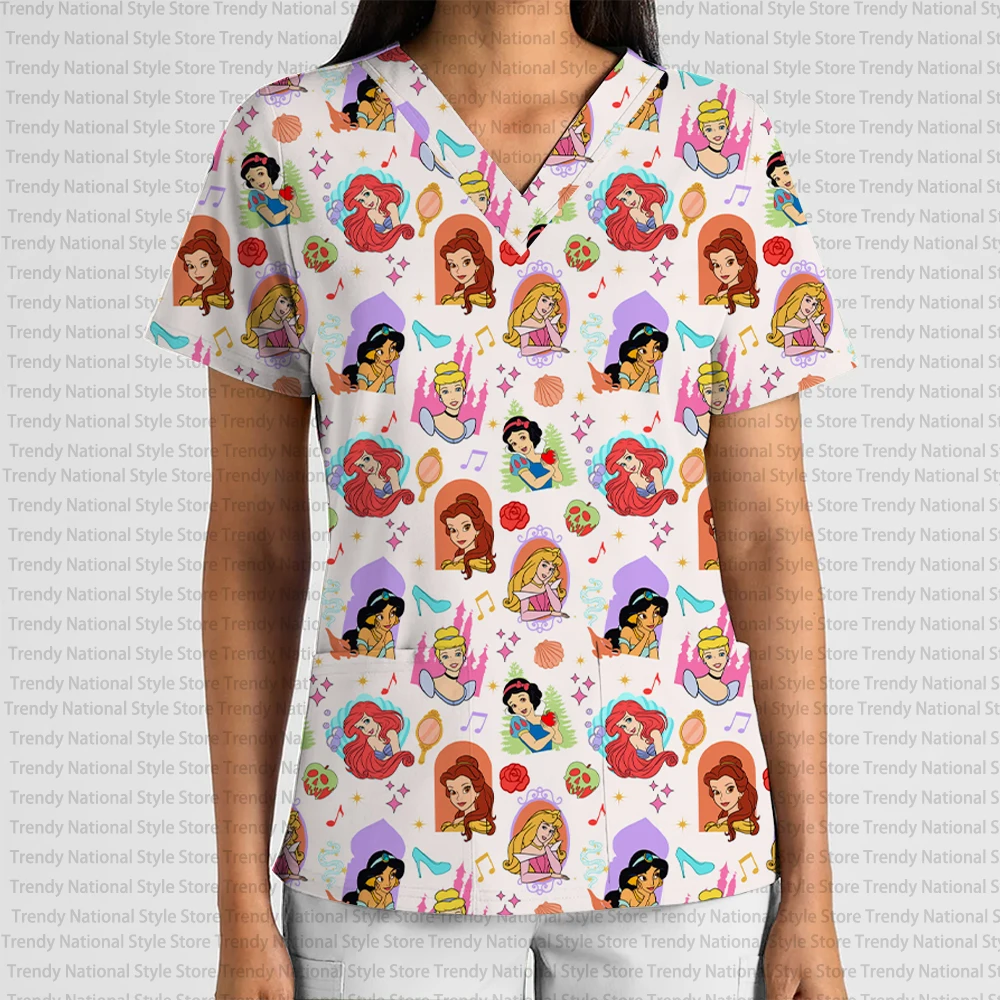 Summer Christmas Disney Cartoon Mermaid Print V-Neck Pocket Scrub Top Women's Clothing Nursing Clothes Dental Pet Shop T-shirt