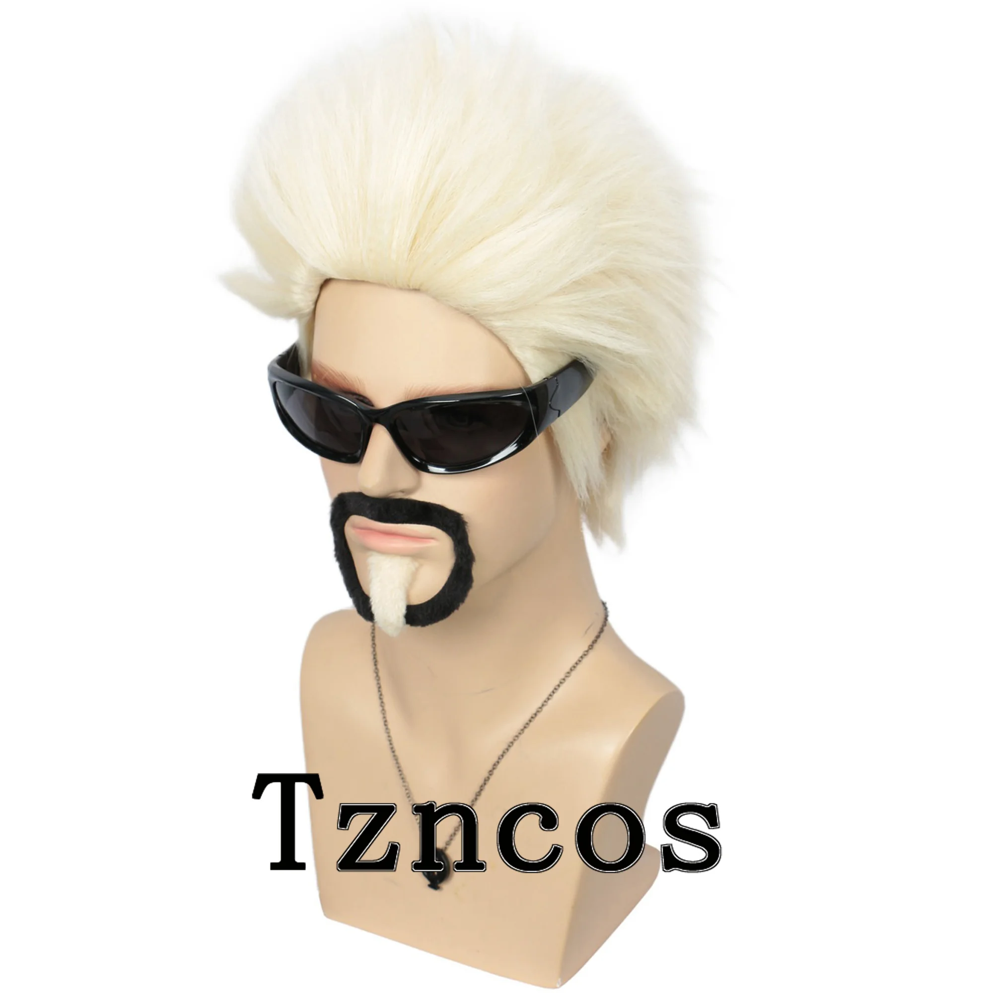 Tzncos ショート ペール ブロンド ウィッグとひげのセット、象徴的なコスプレ、ハロウィーンの衣装、テーマイベントに最適
